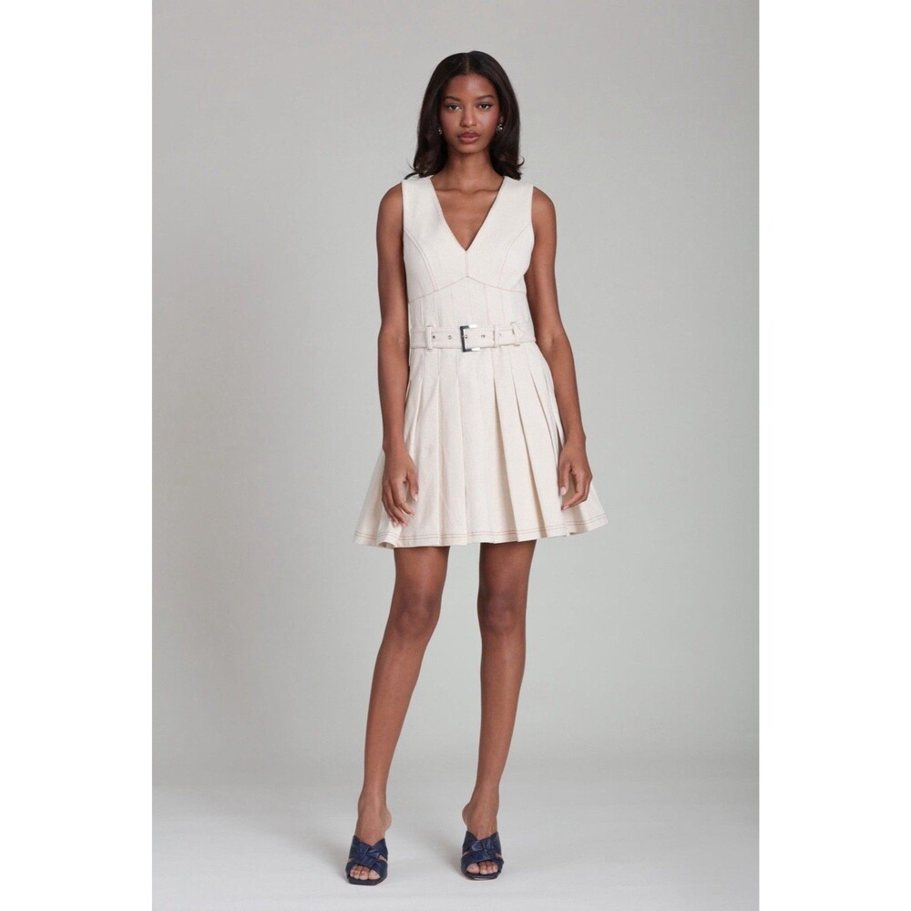 Avec Les Filles Seamed Pleated Stretch Cotton Belted Minidress Seeded Ecru NWT